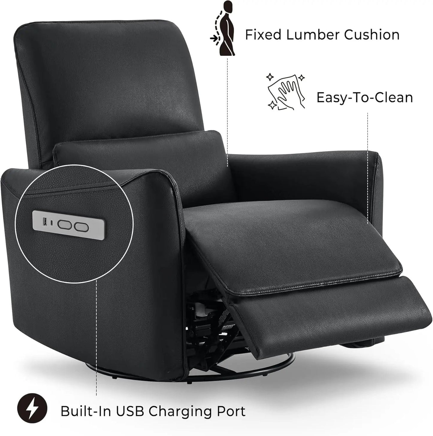 Power Recliner Chair Swivel Glider, FSC Certified Upholstered Faux Leather Living Room Nursery Reclining Sofa Chair with Lumbar Support, Black-3