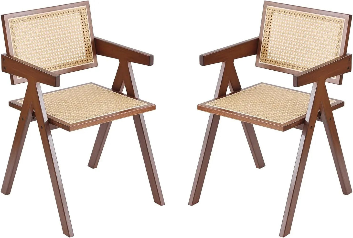 Rattan Dining Chairs Set of 2, Mid Century Modern Armchairs, Wooden Kitchen Chairs for Dining Room, Living Room, Walnut ShipItFurniture