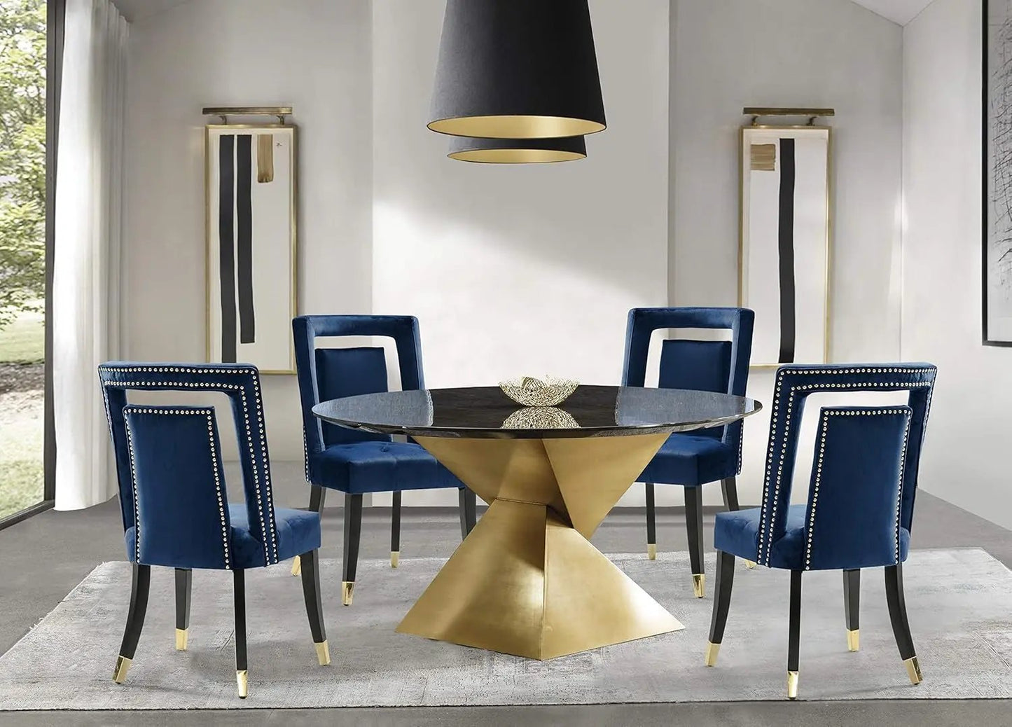 Elsie Dining Side Chair Velvet Upholstered Nailhead Trim Seat Espresso Finished Gold Tip Tapered Wood Legs Modern Transitional (Set of 2), Navy-1