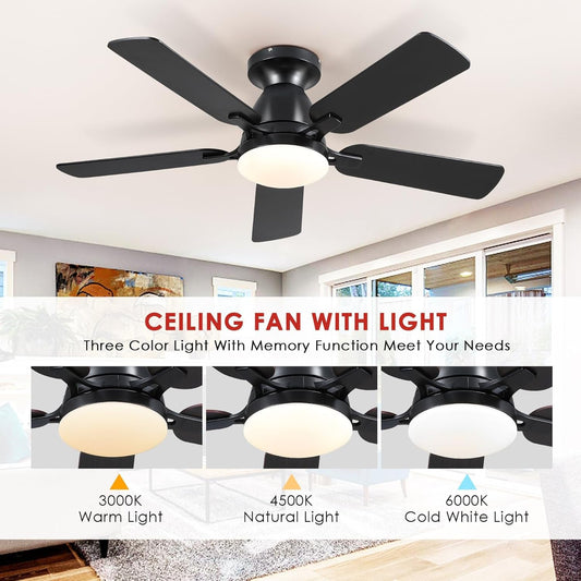 Ceiling Fans with Lights- 46" Low Profile Indoor Ceiling Fan with Light and Remote/App Control, Flush Mount, LED Dimmable DC Reversible Modern Ceiling Fan for Bedroom（Black） ShipItFurniture