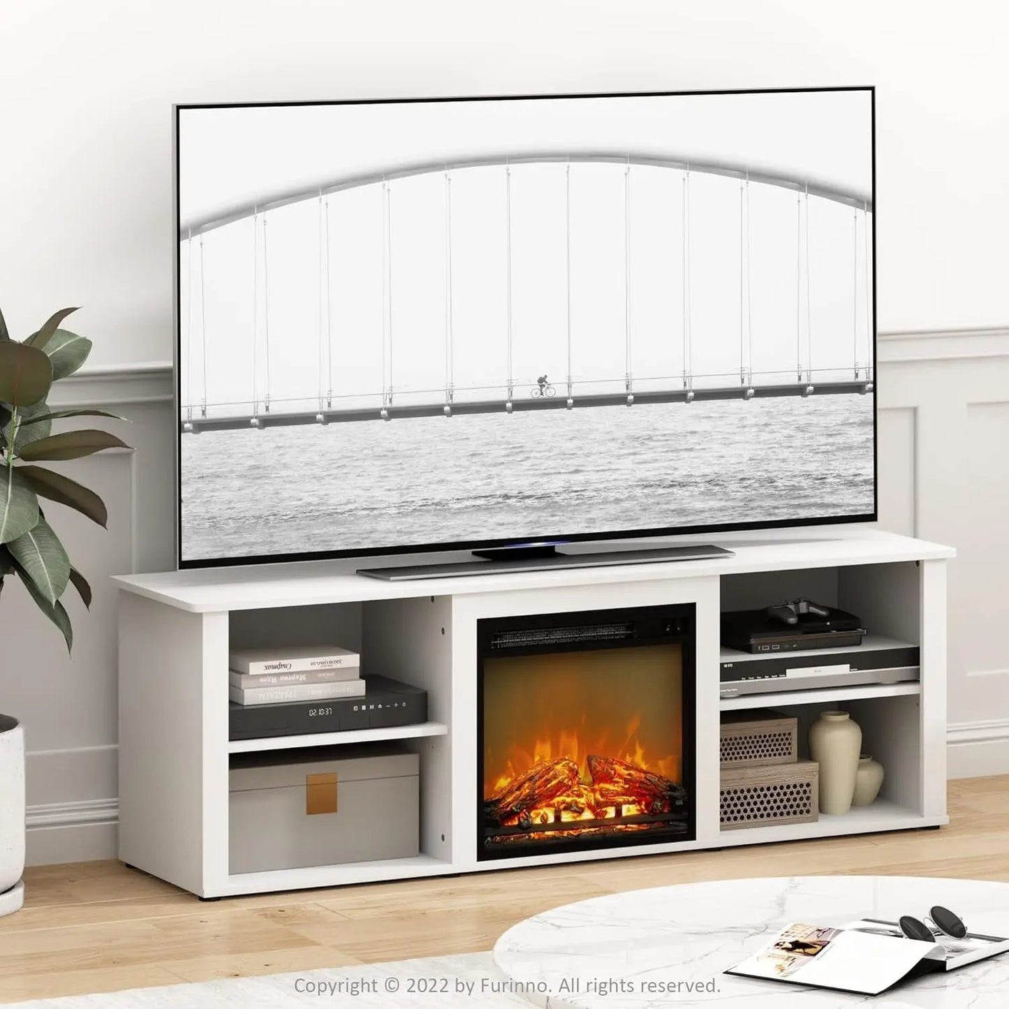 Classic 70 Inch TV Stand with Fireplace, Solid White-2
