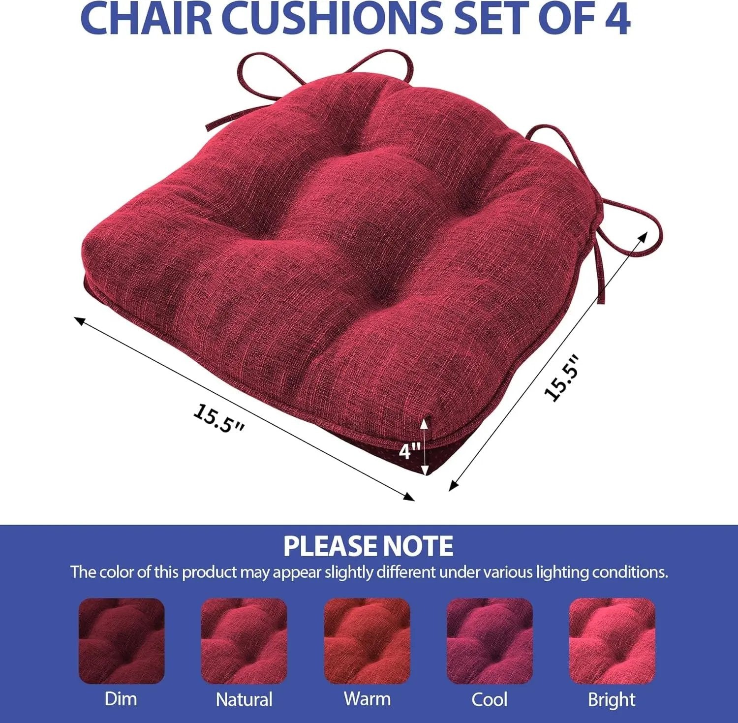 Chair Cushions for Dining Chairs Set of 4, Indoor Kitchen Chair Cushions with Ties and Non Slip Backing, Tufted Memory Foam Seat Cushions, Chair Pads 4 Pack, 15.5" X 15.5" X 4", Red ShipItFurniture