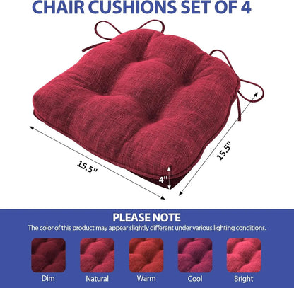 Chair Cushions for Dining Chairs Set of 4, Indoor Kitchen Chair Cushions with Ties and Non Slip Backing, Tufted Memory Foam Seat Cushions, Chair Pads 4 Pack, 15.5" X 15.5" X 4", Red ShipItFurniture
