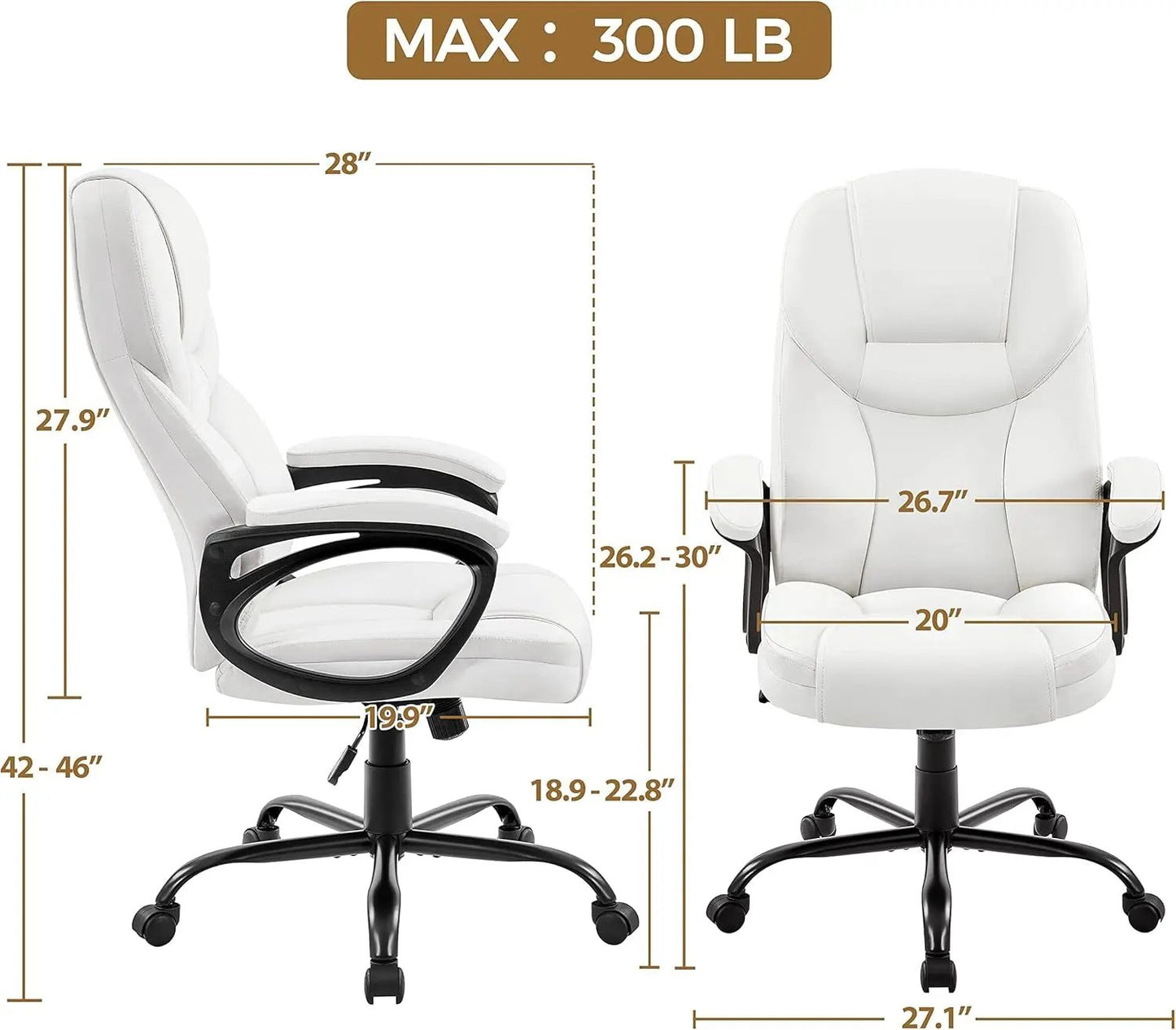 High Back Executive Chair Faux Leather Managerial Chair Ergonomic Task Chair Computer Meeting Chair Large Seat Swivel Chair, Sturdy Metal Base,White ShipItFurniture