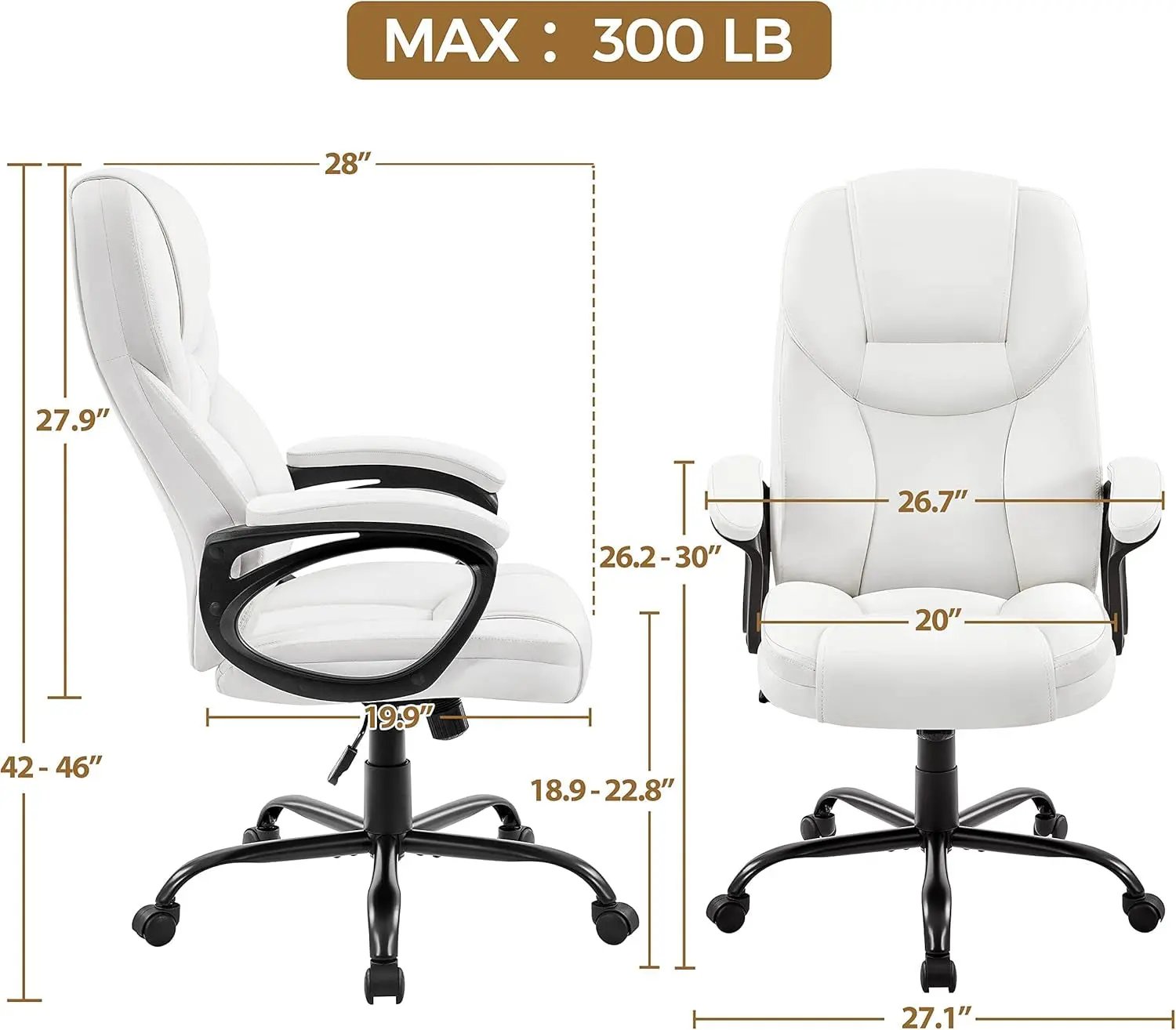 High Back Executive Chair Faux Leather Managerial Chair Ergonomic Task Chair Computer Meeting Chair Large Seat Swivel Chair, Sturdy Metal Base,White ShipItFurniture