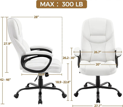 High Back Executive Chair Faux Leather Managerial Chair Ergonomic Task Chair Computer Meeting Chair Large Seat Swivel Chair, Sturdy Metal Base,White ShipItFurniture
