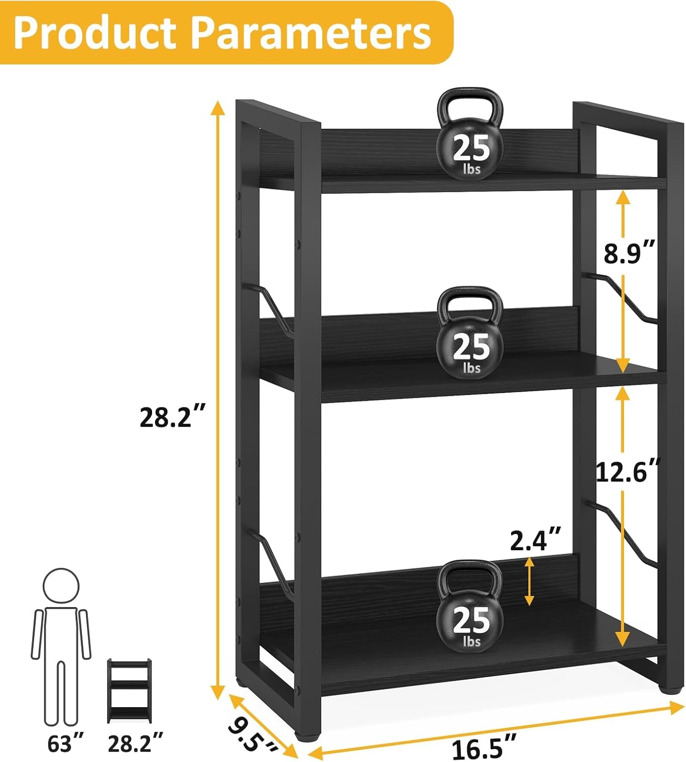 Book Shelf Small Bookshelf - 3-Tier Wood Bookcase Industrial Bookshelf Metal Narrow Bookcase Storage Organizer Display Rack for Bedroom Living Room Home Office (Black)-1