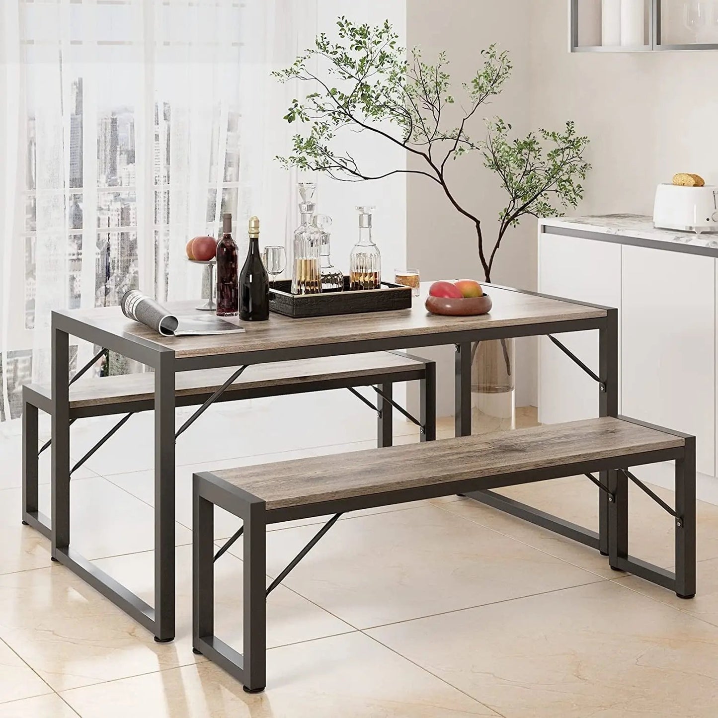 Dining Table Set for 4 with 2 Benches, Gray ShipItFurniture