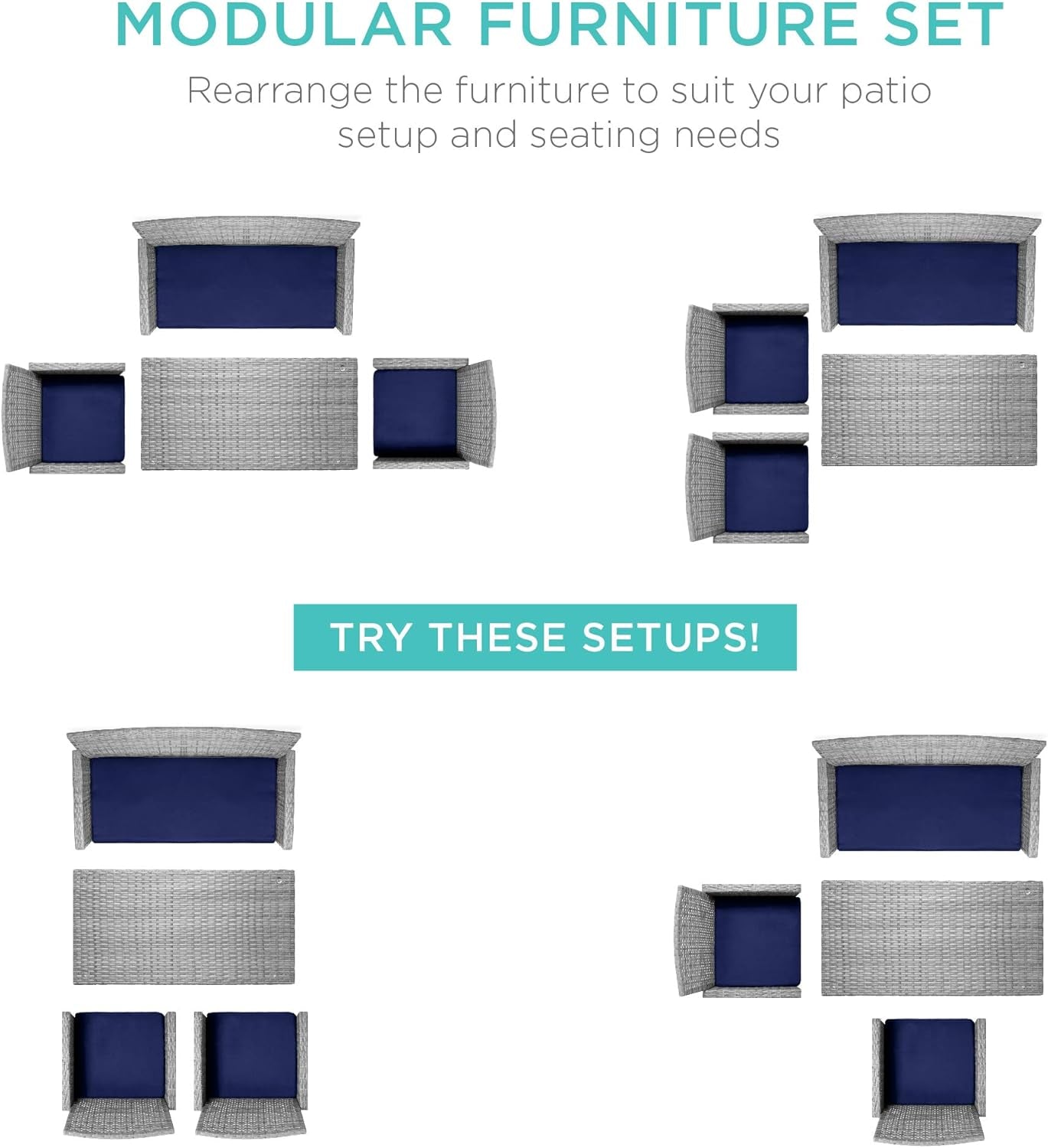 4-Piece Outdoor Wicker Patio Conversation Furniture Set for Backyard W/Coffee Table, Seat Cushions - Gray/Navy ShipItFurniture