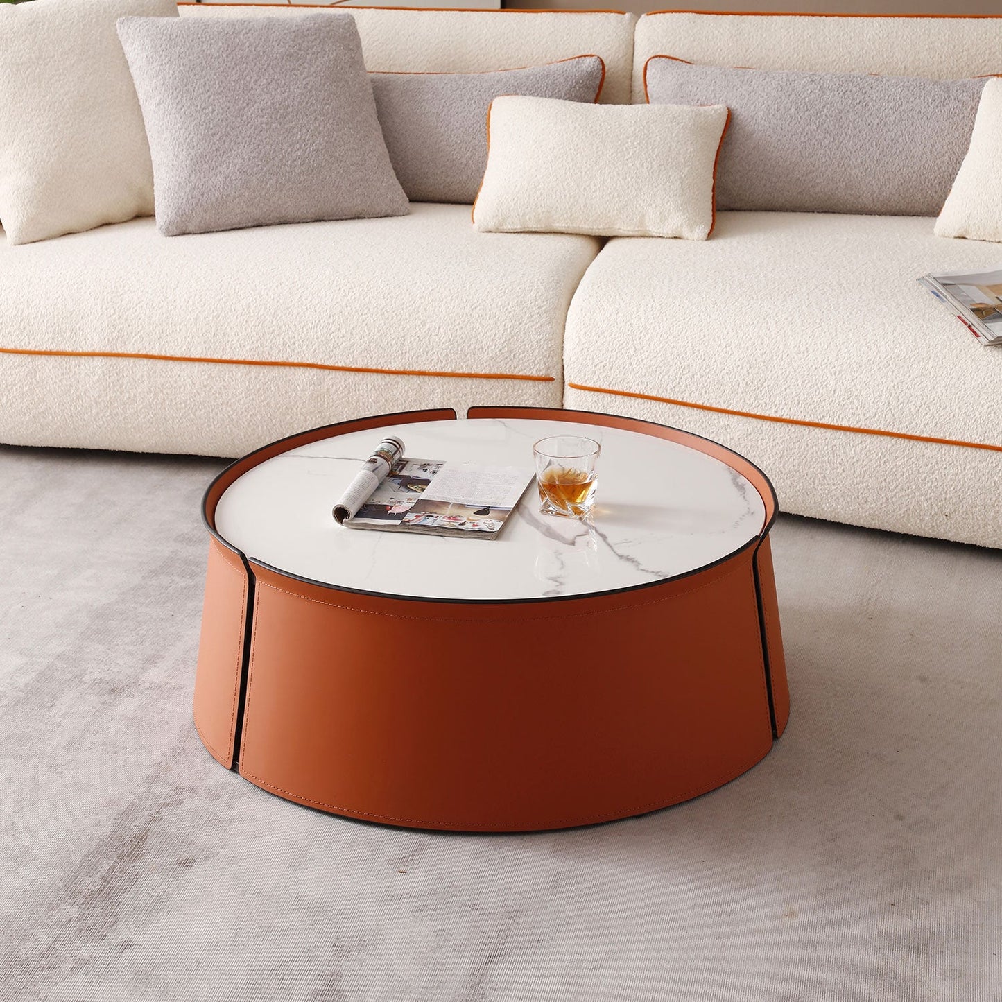 31.5" Coffee Table, Marble Top and Orange Saddle Leather Body G-BlakHom
