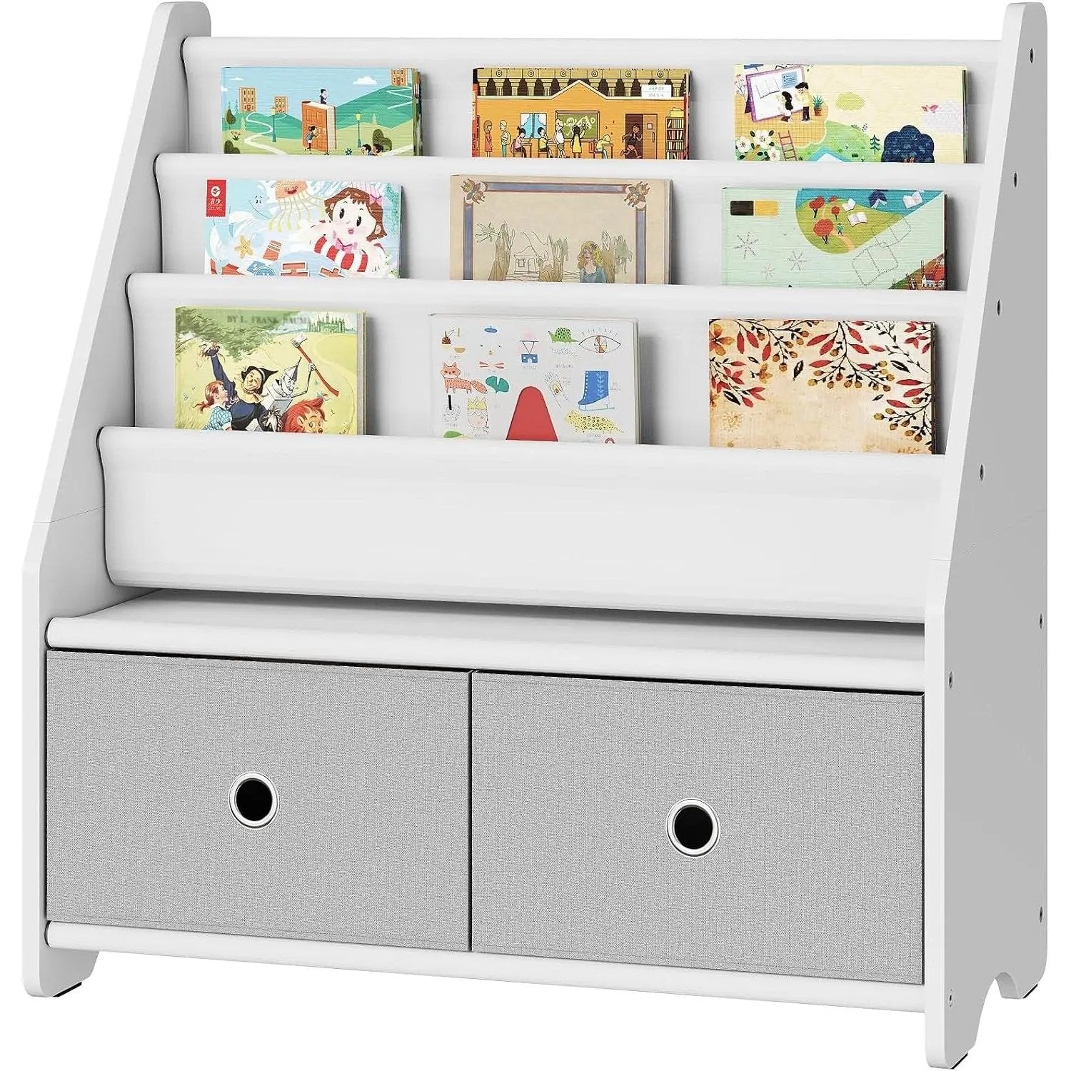 Kids Bookshelf and Toy Storage, 4 Tier Large Capacity Kids Book Rack, Sling Kids Bookcase, for Kids Room, Nursery, Playroom, White and Gray MCW06WT-0