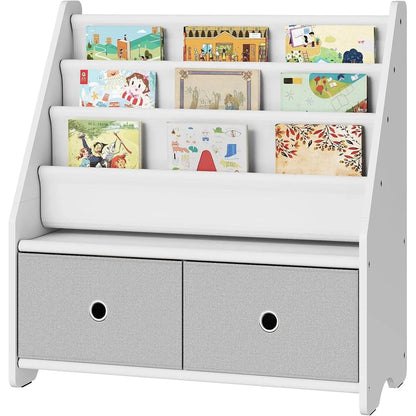Kids Bookshelf and Toy Storage, 4 Tier Large Capacity Kids Book Rack, Sling Kids Bookcase, for Kids Room, Nursery, Playroom, White and Gray MCW06WT-0