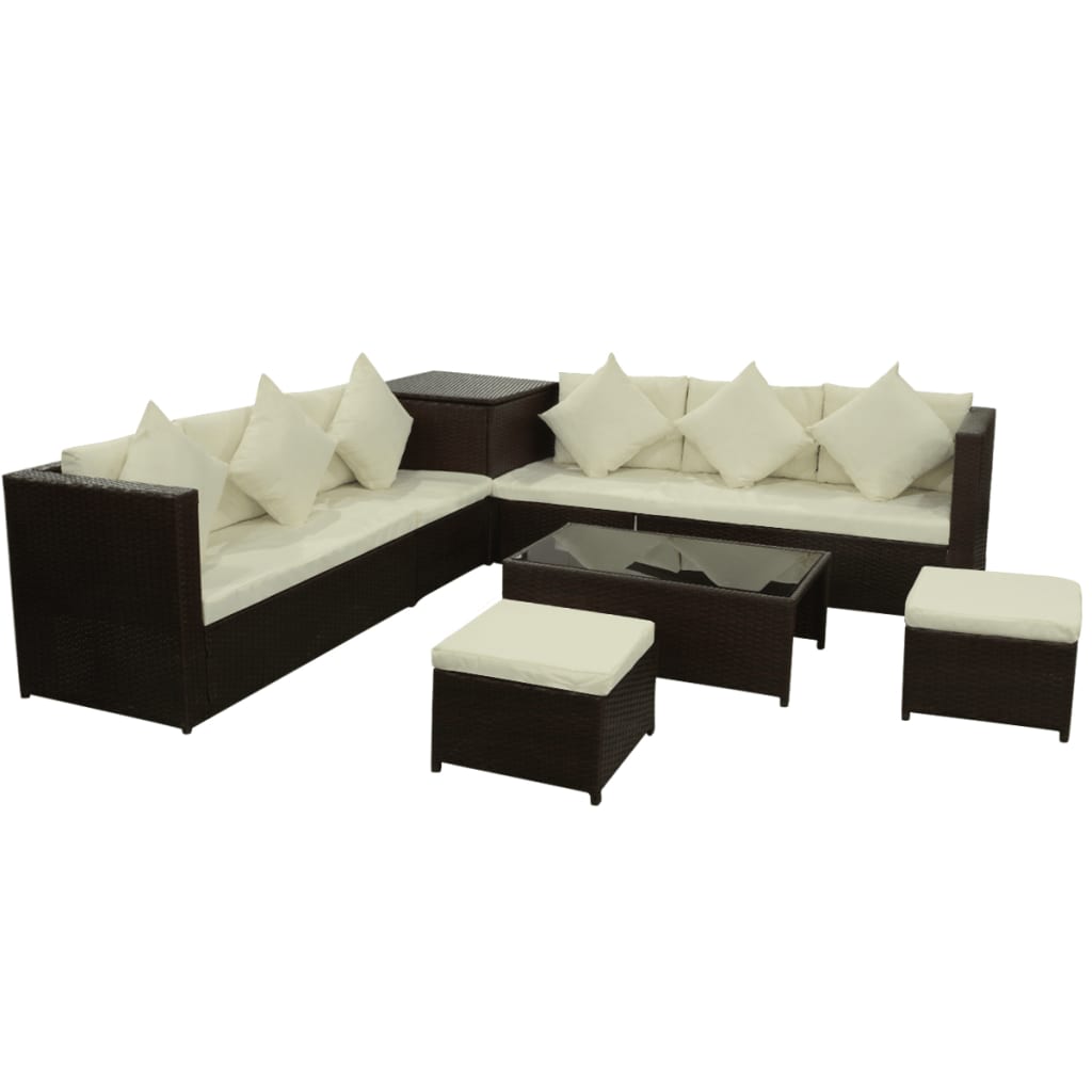 NNEVL 8 Piece Garden Lounge Set with Cushions Poly Rattan Brown-1