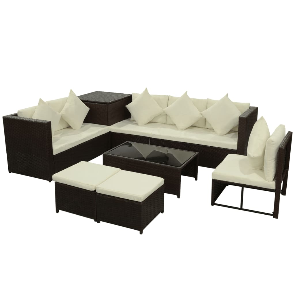 NNEVL 8 Piece Garden Lounge Set with Cushions Poly Rattan Brown-2