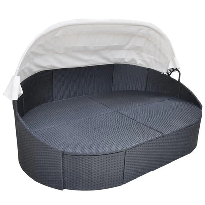 NNEVL Outdoor Lounge Bed with Canopy Poly Rattan Black-2