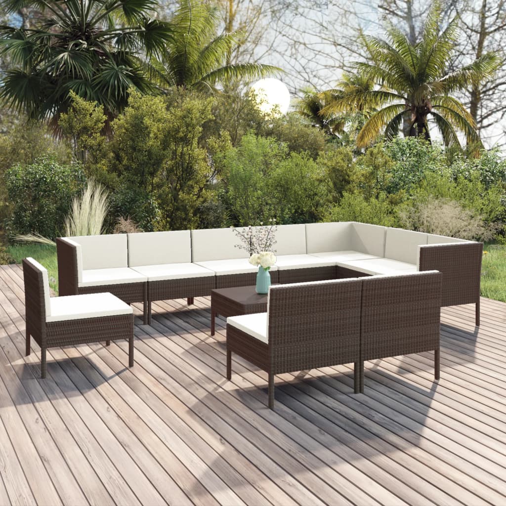 vidaXL 11 Piece Patio Lounge Set with Cushions Poly Rattan Brown VidaXL