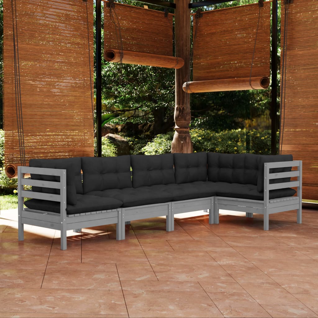 vidaXL Solid Pinewood Patio Lounge Set 5 Piece with Cushions Multi Colors VidaXL