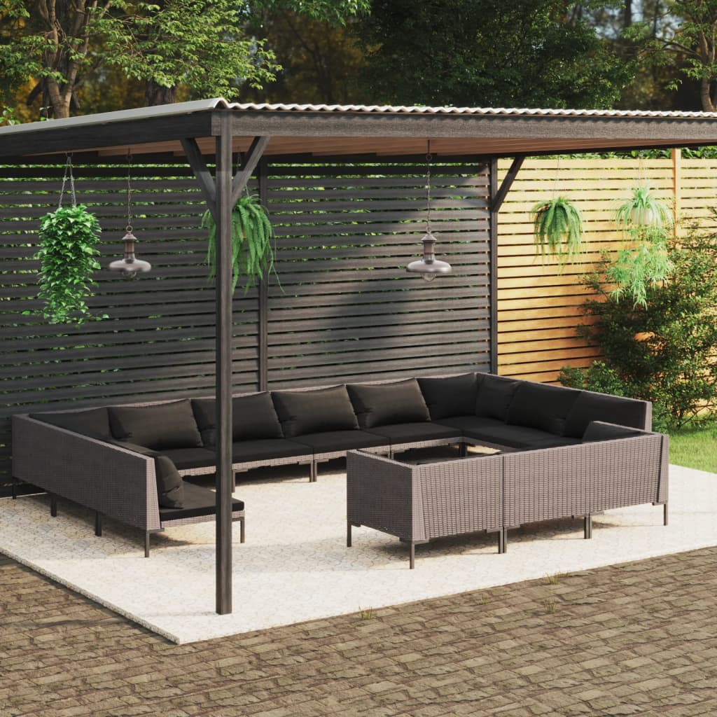 vidaXL 13 Piece Patio Lounge Set with Cushions Poly Rattan Dark Gray VidaXL