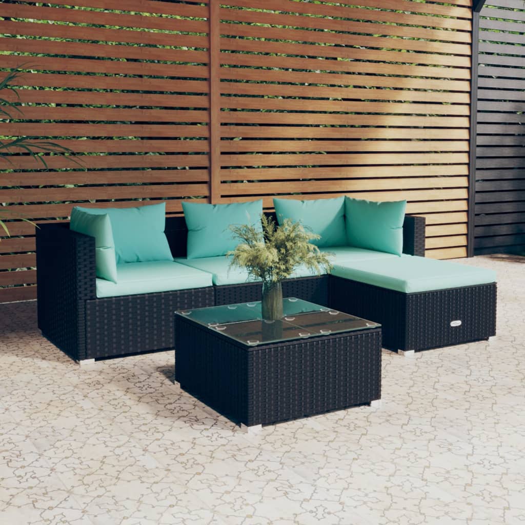vidaXL 5 Piece Patio Lounge Set with Cushions Poly Rattan Black VidaXL