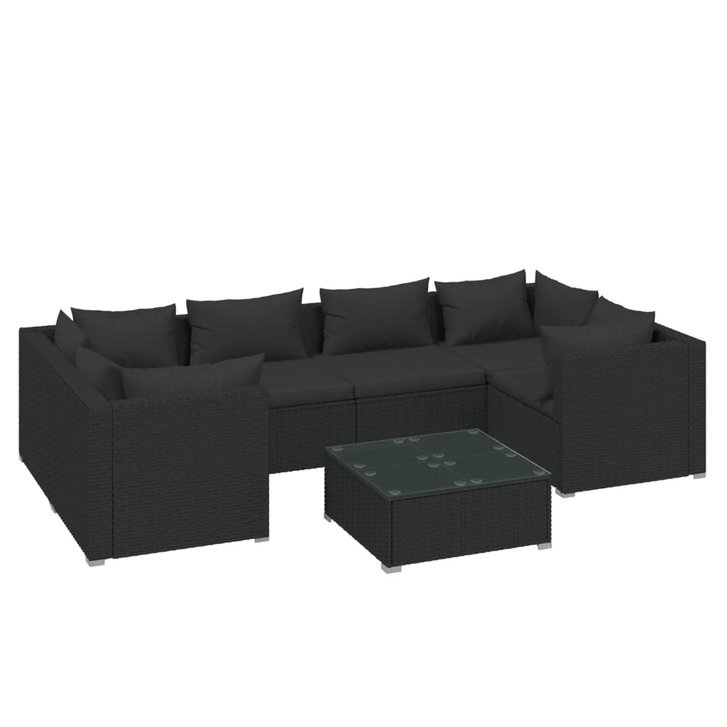 NNEVL 7 Piece Garden Lounge Set with Cushions Poly Rattan Black-1