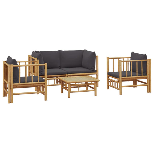 vidaXL 5 Piece Patio Lounge Set with Dark Gray Cushions Bamboo VidaXL