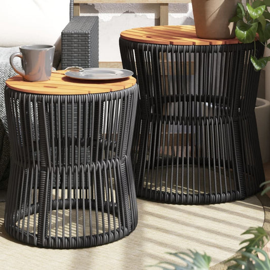 vidaXL Patio Side Tables 2 pcs with Wooden Top Black Poly Rattan VidaXL