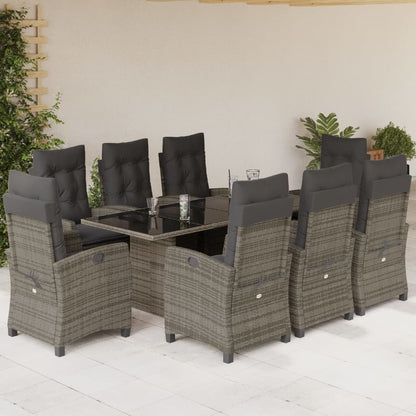 vidaXL 9 Piece Patio Dining Set with Cushions Gray Poly Rattan VidaXL