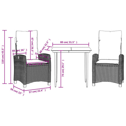 vidaXL 3 Piece Patio Dining Set with Cushions Black Poly Rattan VidaXL