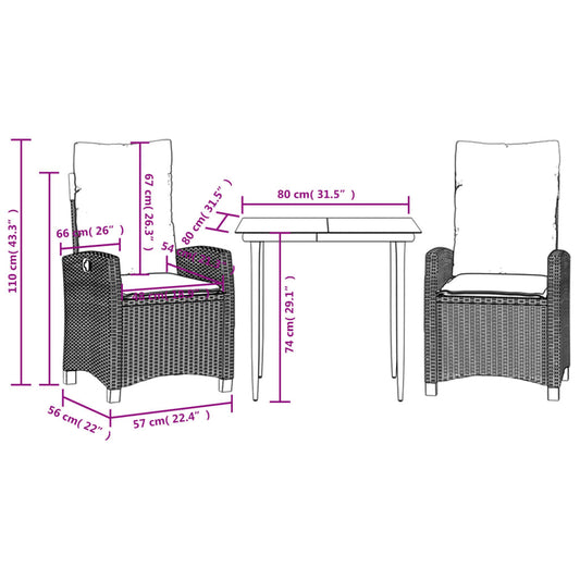 vidaXL 3 Piece Patio Dining Set with Cushions Black Poly Rattan VidaXL