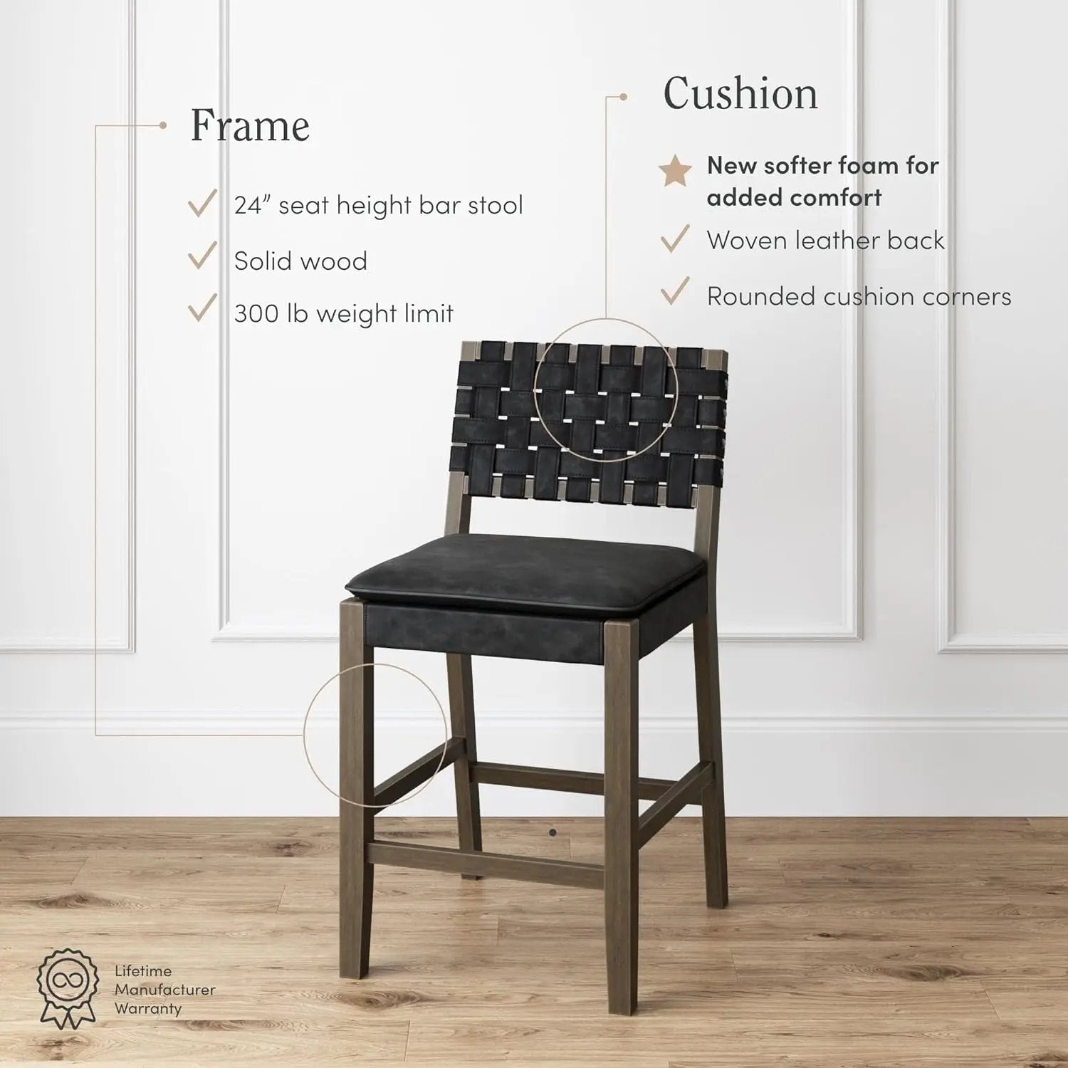 Cohen Mid-Century Modern Leather Bar Stool, Counter Height Chair in Solid Wood Frame with Footrest and Woven Leather Back for Kitchen, Black-3