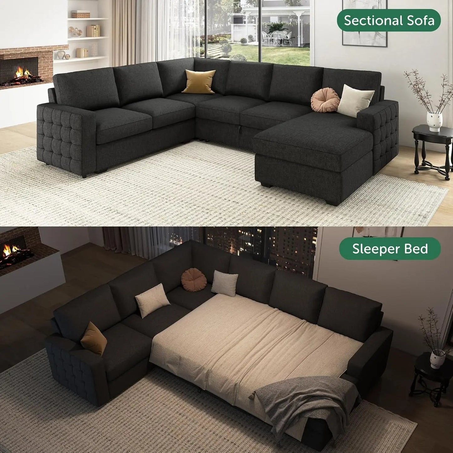 Sectional Sleeper Sofa with Pull Out Bed, Reversible Sectional Sleeper Couch with Storage Chaise U Shape Sectional Sofa, Dark Grey-3