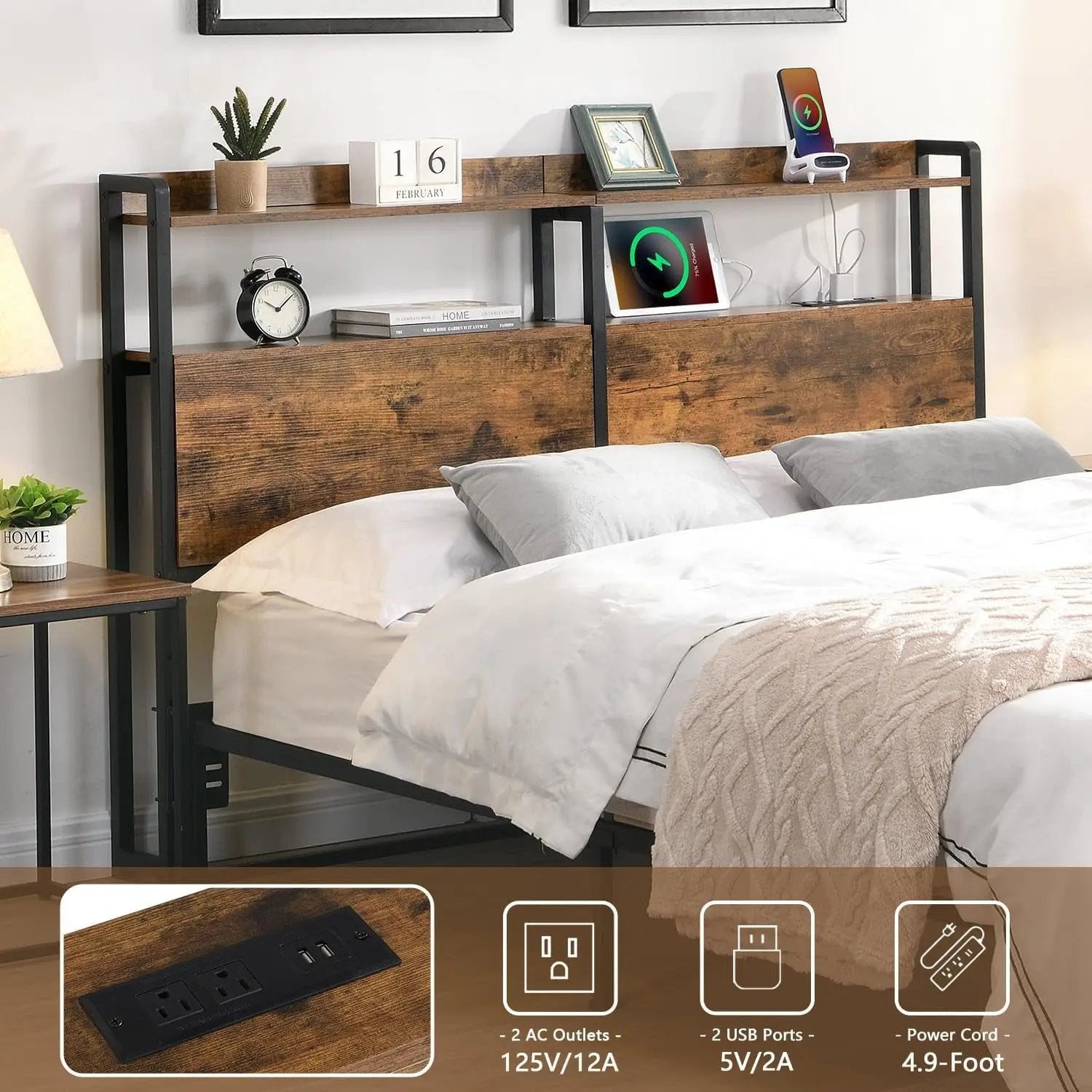 Queen Size Headboard with Storage and Charging Station-2