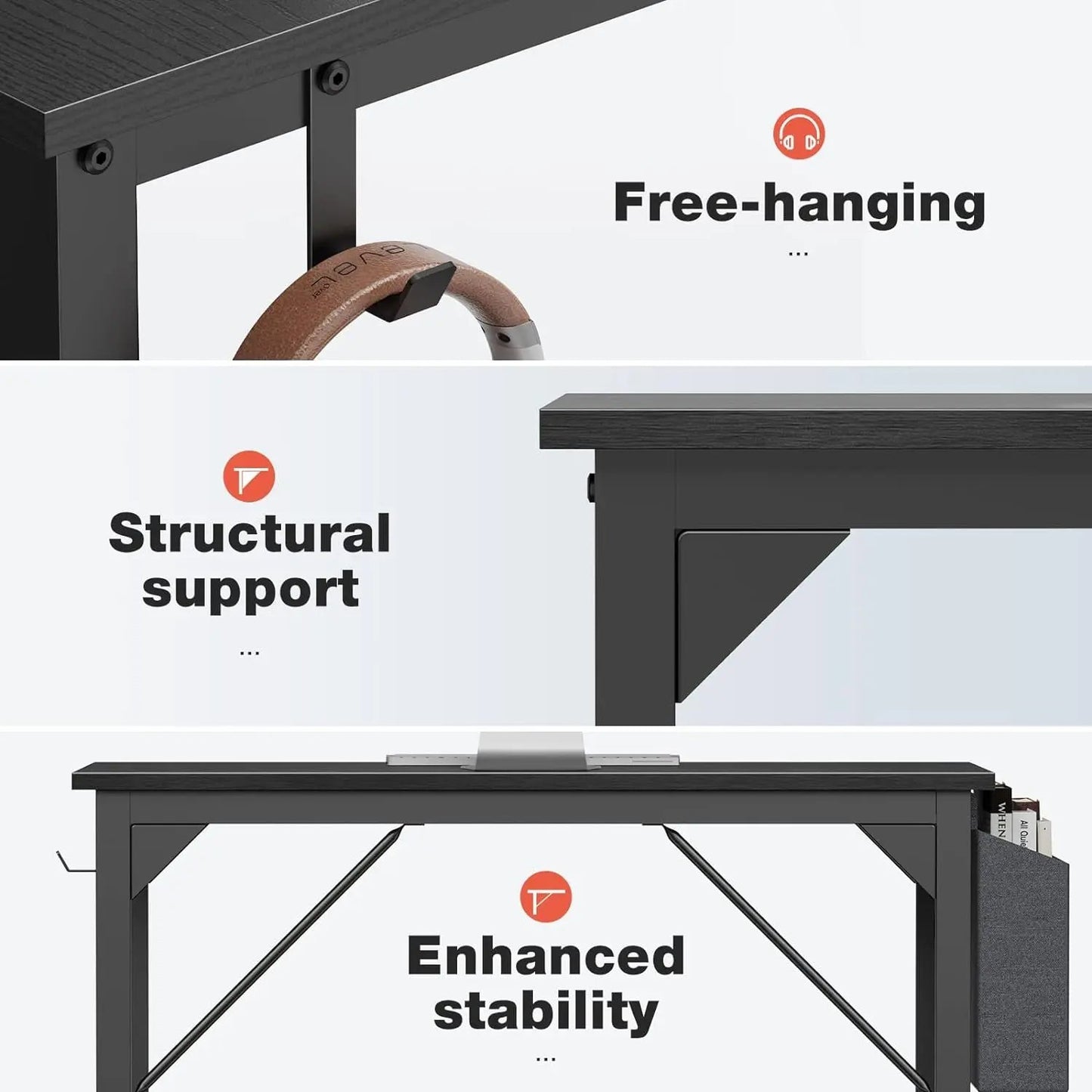 Computer Small Office Desk 40 Inch Writing Study Work with Storage Bag, Headphone Hooks, Home Simple Modern Wood Kids Student Table - Black ShipItFurniture