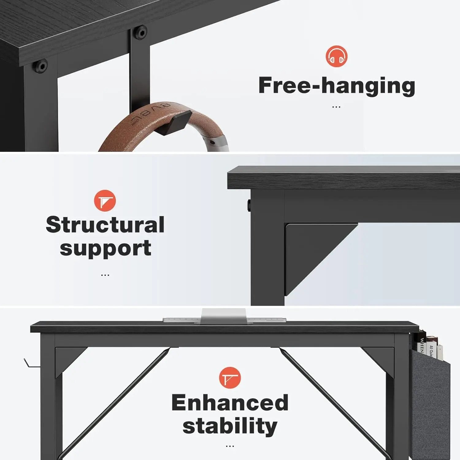 Computer Small Office Desk 40 Inch Writing Study Work with Storage Bag, Headphone Hooks, Home Simple Modern Wood Kids Student Table - Black ShipItFurniture