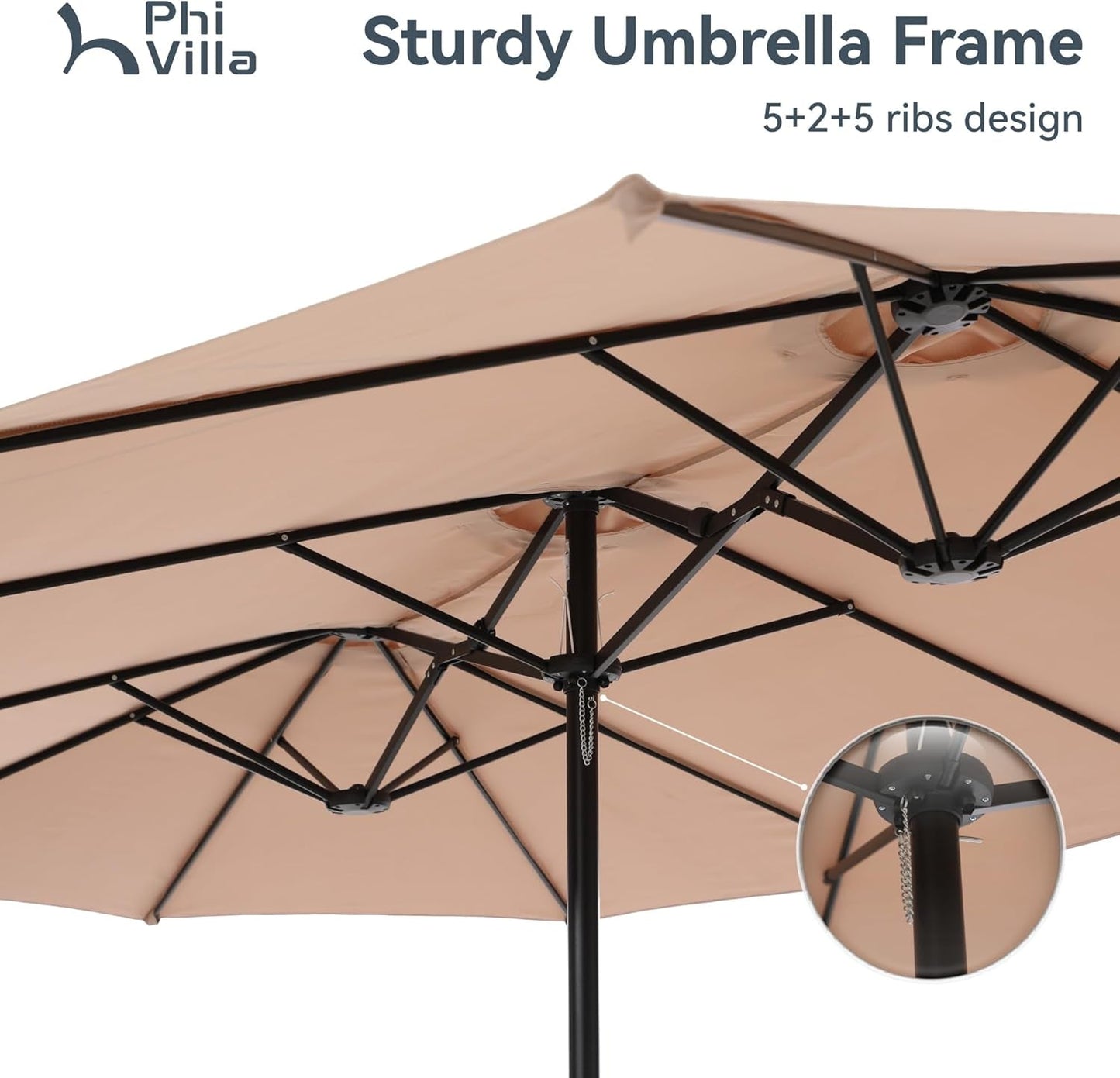 15Ft Large Patio Umbrellas with Base Included, Outdoor Double-Sided Rectangle Market Umbrella with Crank Handle, for Poolside Lawn Garden, Beige-3