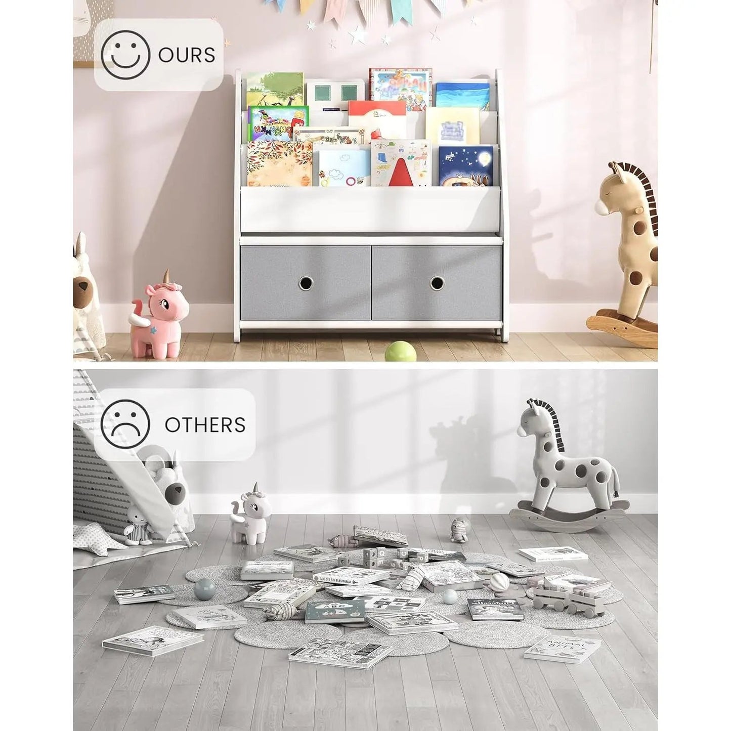 Kids Bookshelf and Toy Storage, 4 Tier Large Capacity Kids Book Rack, Sling Kids Bookcase, for Kids Room, Nursery, Playroom, White and Gray MCW06WT-3