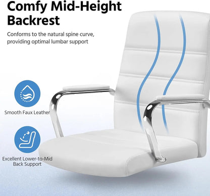 Office Desk Chair Mid-Back Leather Computer Chair Height Adjustable Ergonomic Executive Chair W/Lumbar Support Comfy Thick Padded Armrests and Seat, White ShipItFurniture