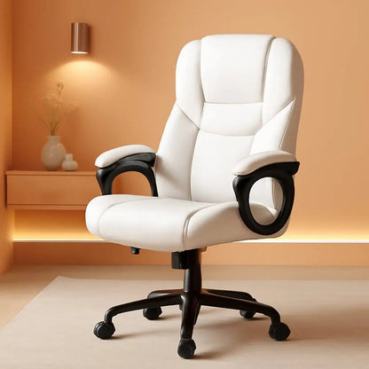 High Back Executive Chair Faux Leather Managerial Chair Ergonomic Task Chair Computer Meeting Chair Large Seat Swivel Chair, Sturdy Metal Base,White ShipItFurniture