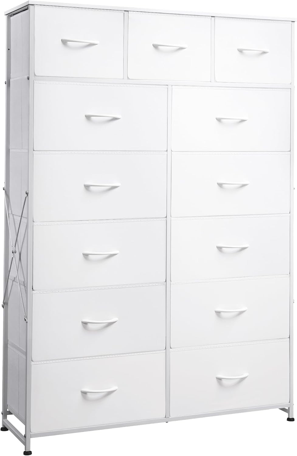 Tall Dresser for Bedroom with 13 Drawers, Storage Dresser Organizer Unit, Fabric Dresser for Bedroom, Closet, Chest of Drawers with Fabric Bins, Steel Frame, Wood Top, White-0