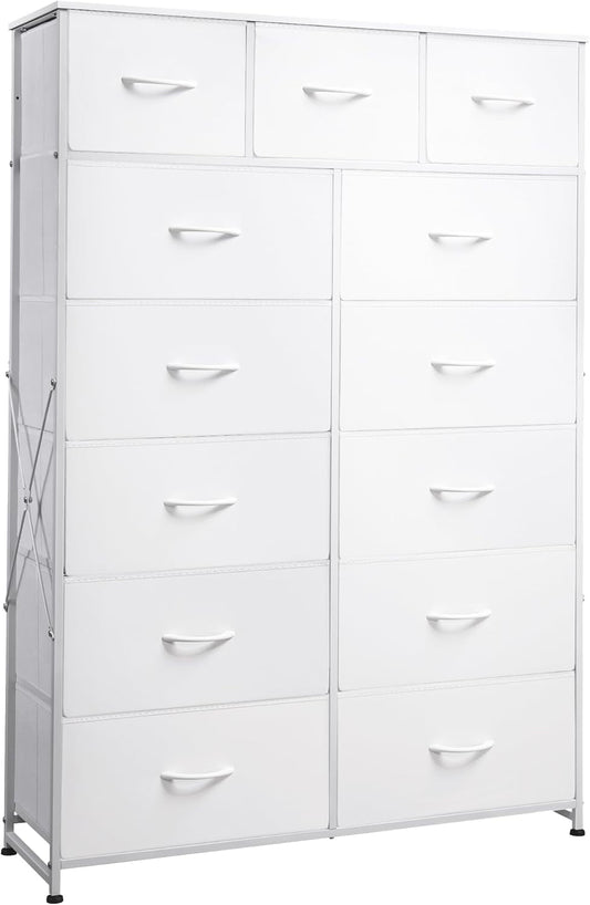 Tall Dresser for Bedroom with 13 Drawers, Storage Dresser Organizer Unit, Fabric Dresser for Bedroom, Closet, Chest of Drawers with Fabric Bins, Steel Frame, Wood Top, White-0