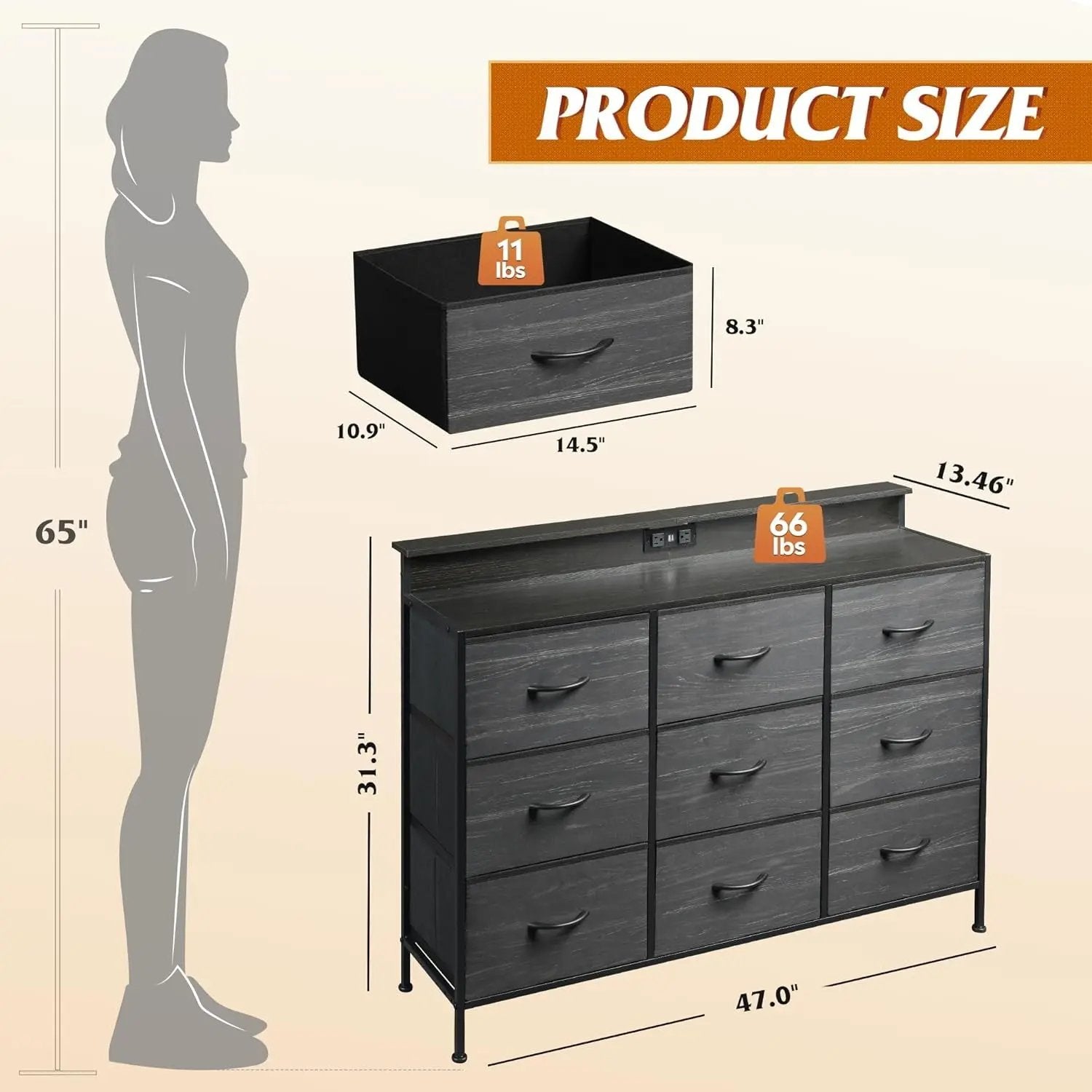 Dresser TV Stand for 55 Inch, Led Dresser for Bedroom, Black Dressers for Bedroom with LED Lights and Charging Station, Chest of Drawers, 9 Fabric Dresser Drawers, Wood Top, Living Room, Closet-2