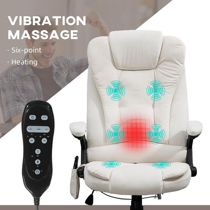 6 Point Vibrating Massage Office Chair with Heat, Velvet High Back Executive Office Chair with Reclining Backrest, Padded Armrests and Remote, Cream White-3