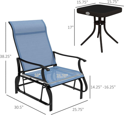 3-Piece Outdoor Gliders Set Bistro Set with Steel Frame, Tempered Glass Top Table for Patio, Garden, Backyard, Lawn, Light Blue ShipItFurniture