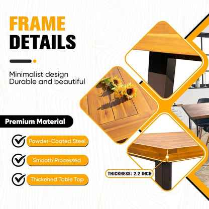 Dining Table for 6 Acacia Wood Indoor Outdoor Home Kitchen Table with Iron Legs Large Rectangular Patio Table for Deck, Sunroom-3