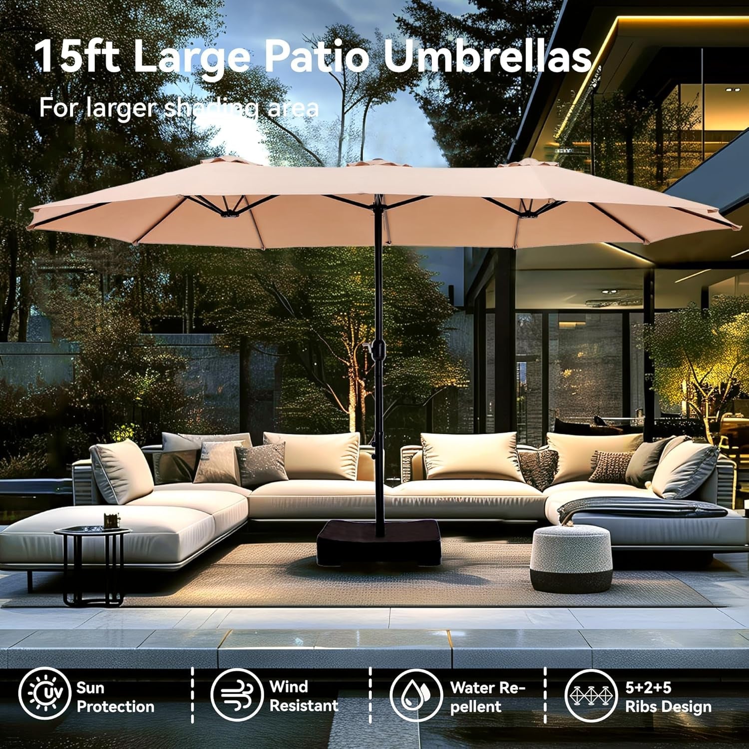 15Ft Large Patio Umbrellas with Base Included, Outdoor Double-Sided Rectangle Market Umbrella with Crank Handle, for Poolside Lawn Garden, Beige-1