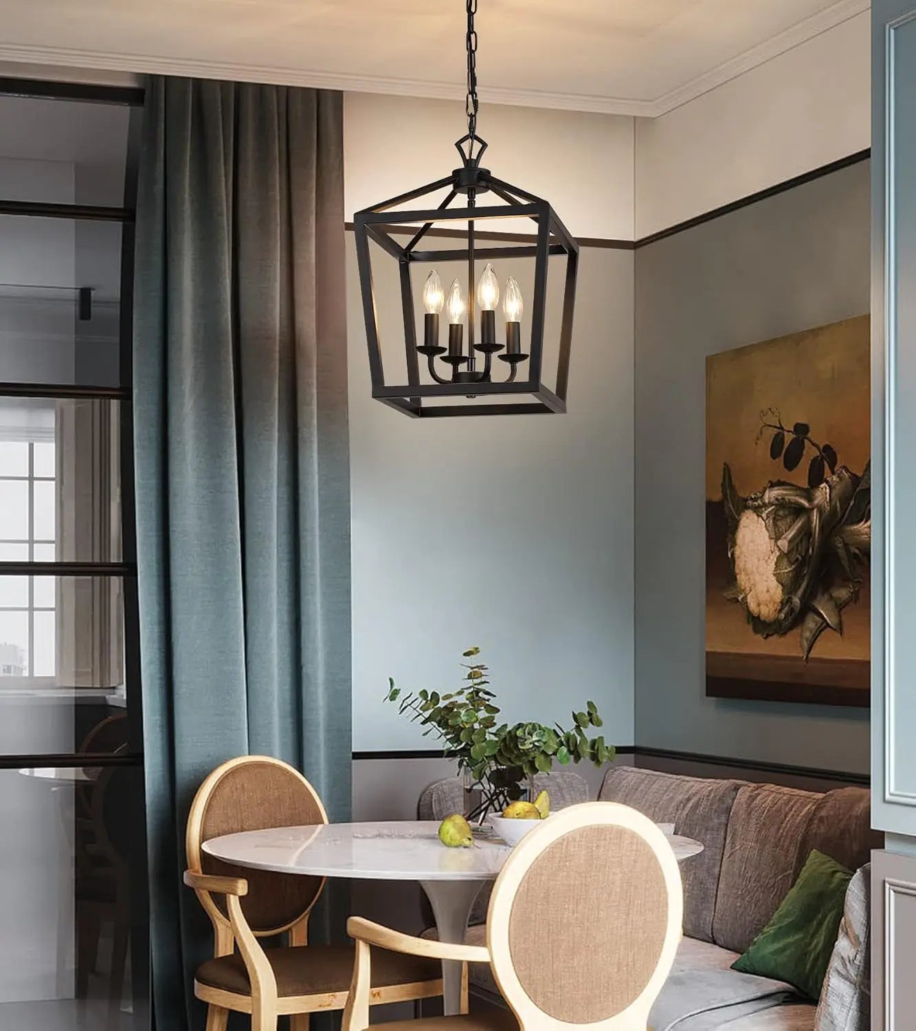 Farmhouse Rustic Black Lantern Chandelier Hanging Light Fixture 4-Lights for Kitchen Island Dining Room Hallway Entryway Foyer UL Listed-0