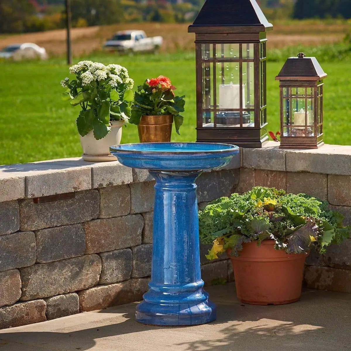 2 Gallon Blue Ceramic Traditional Outdoor Patio Garden Birdbath FastFurnishings