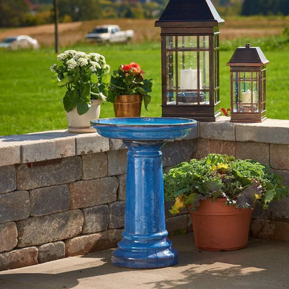 2 Gallon Blue Ceramic Traditional Outdoor Patio Garden Birdbath FastFurnishings