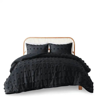 King/Cal King 3 Piece Pompom Microfiber Hypoallergenic Comforter Set in Black FastFurnishings