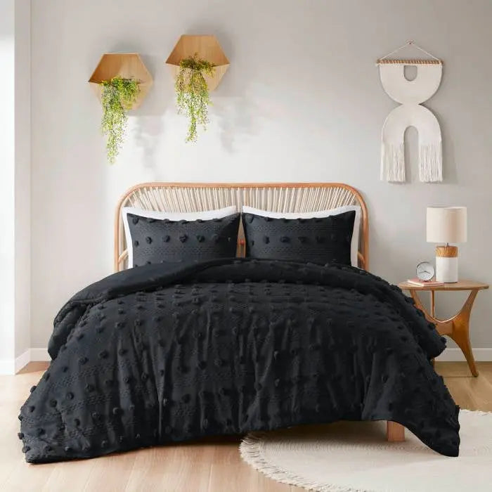 King/Cal King 3 Piece Pompom Microfiber Hypoallergenic Comforter Set in Black FastFurnishings